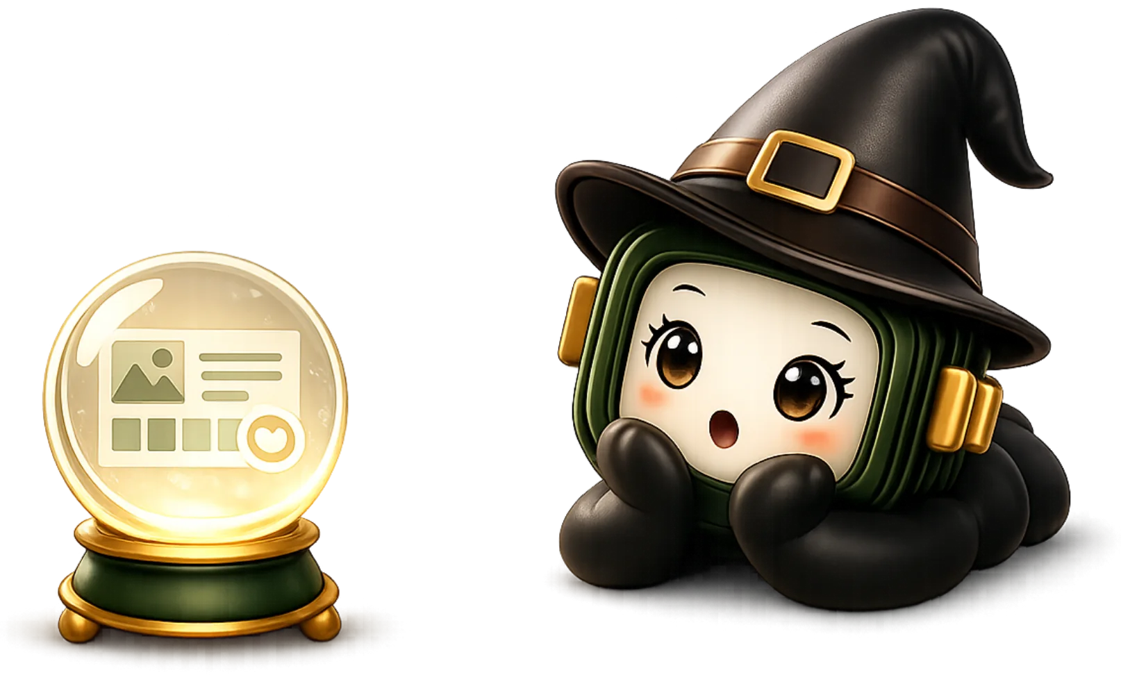 Tabitha resting beside a crystal ball showing a brand board